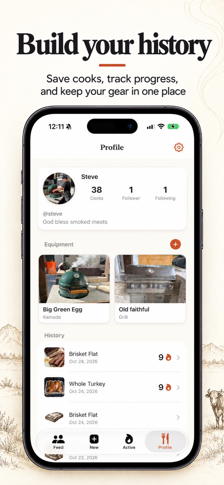 Build your history: a Pit Pals profile with saved cooks, ratings, and barbecue equipment.