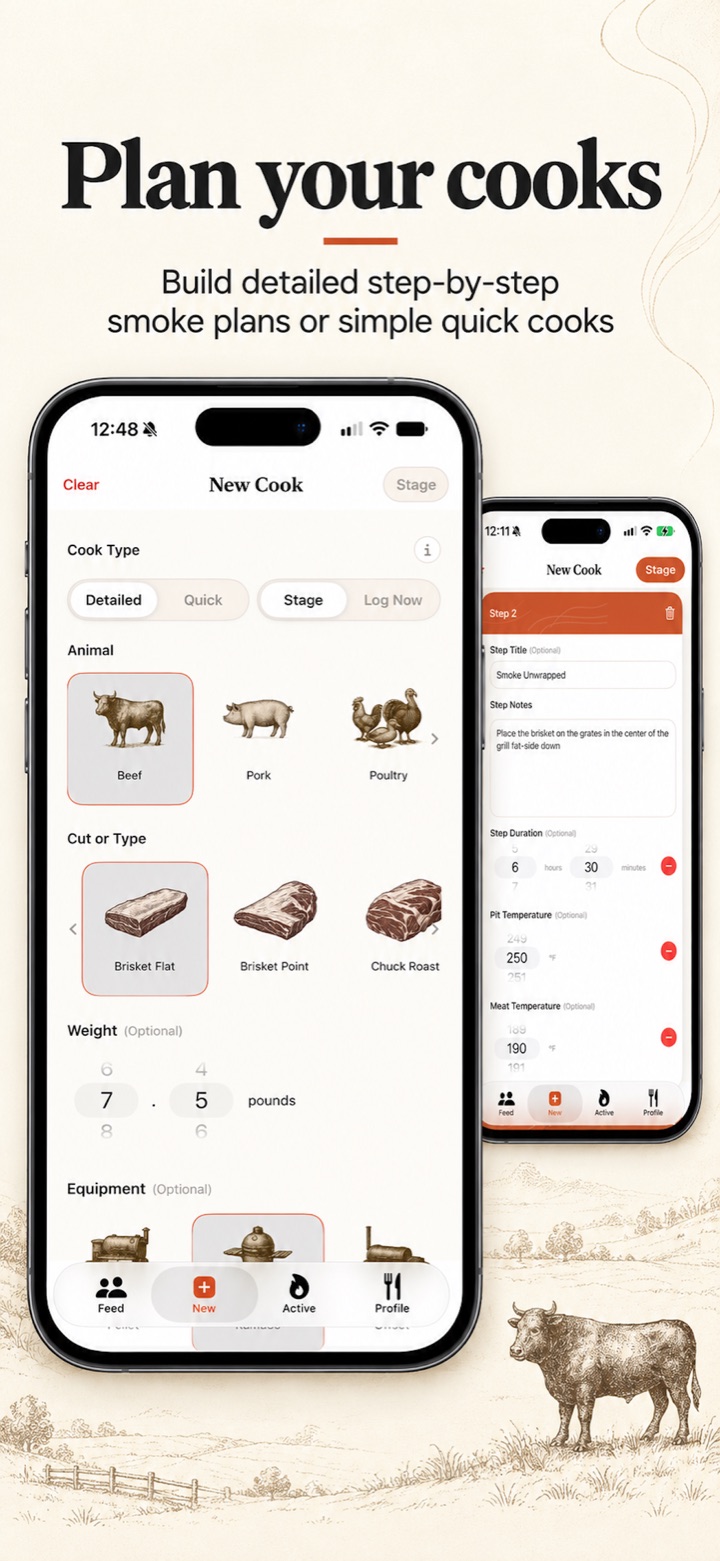 Plan your cooks: choose an animal, cut, weight, and equipment, then build custom cooking steps.