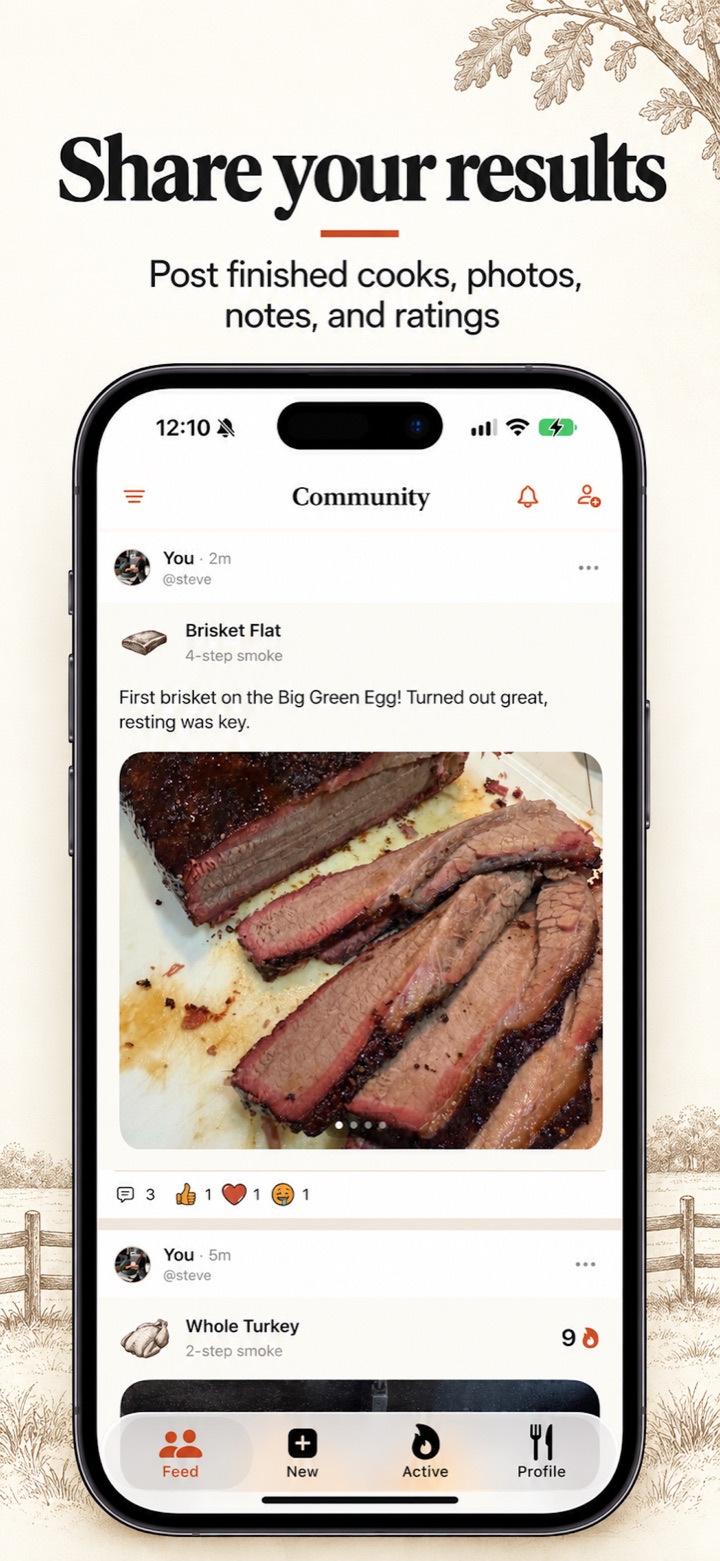 Share your results: Pit Pals community feed with brisket photos, cook notes, ratings, and reactions.