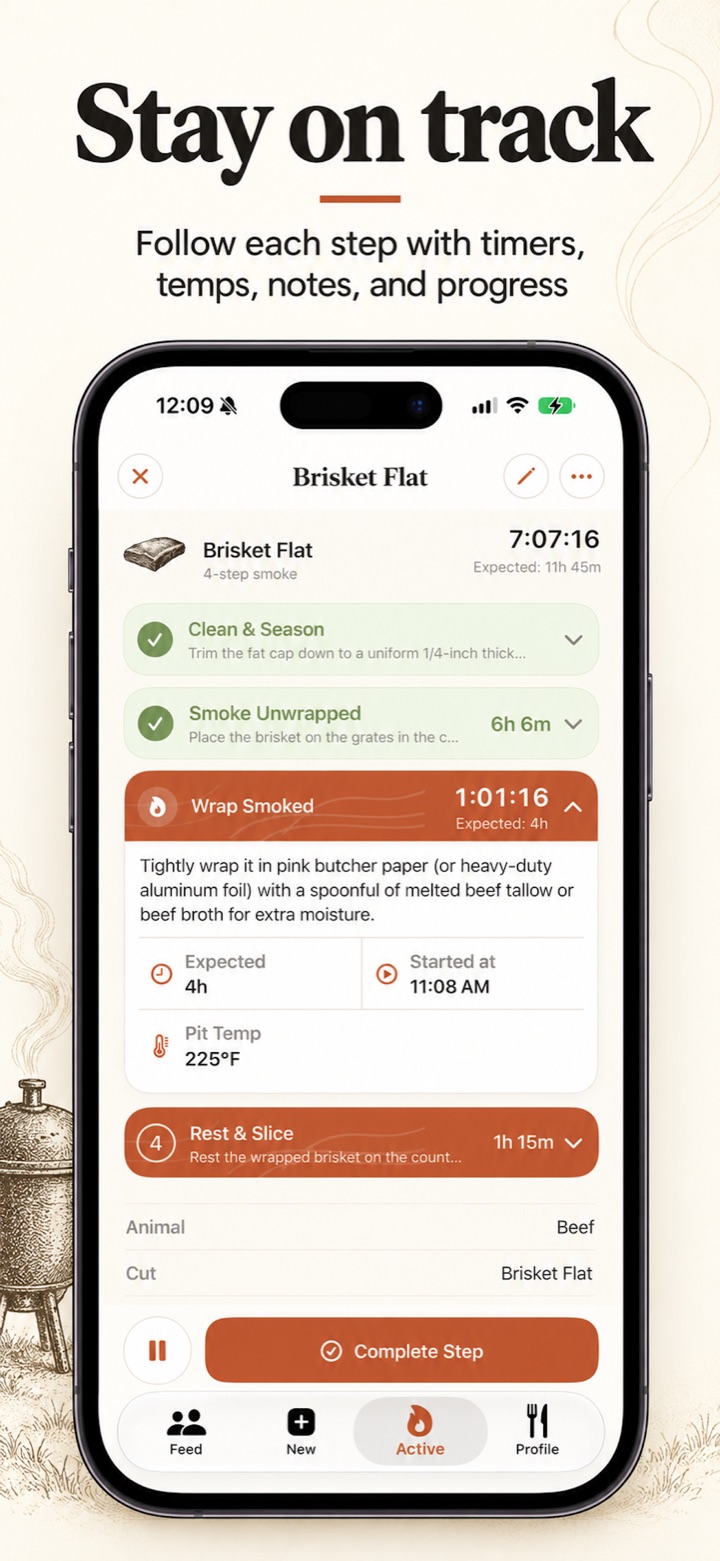 Stay on track: a live brisket cook with step timers, temperatures, notes, and progress.